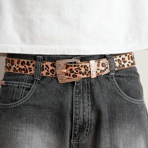 y2k gold western buckle leopard print belt — boho glam style
